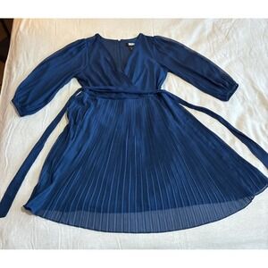 DKNY Women's Dress 12 Dark Blue Pleated Sheer Ballon Sleeves Snatch Waist V-neck
